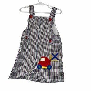 Vintage Samara red blue Plaid Jon Jon Overalls with Red Truck Appliqués 4T